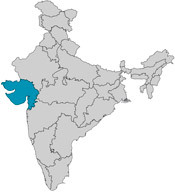 Map showing the state of Gujarat on the west coast of India.