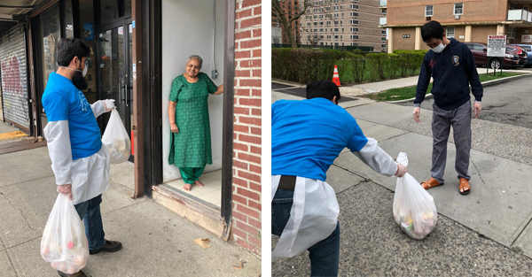A volunteer delivers grocery kits to vulnerable families in Queens.