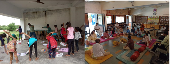Left: A Lok Mitra teaches children math skills (counting numbers and angles) through exercise, giving students a break from bookish learning and helping them to feel refreshed. Right: Lok Mitras receive thorough training, conducted by seasoned experts, before being placed in their respective villages.